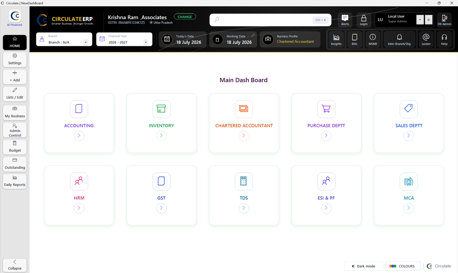 Circulate ERP — Dashboard