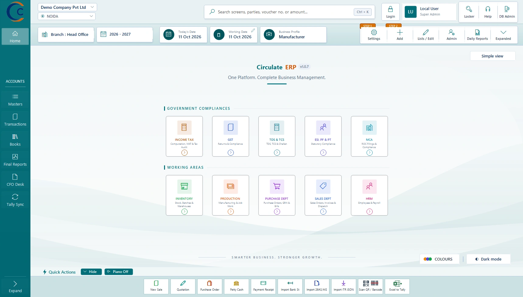 The Circulate home screen: Income Tax, GST, TDS, ESI/PF and MCA compliance tiles, with Inventory, Production, Purchase, Sales and HRM working areas